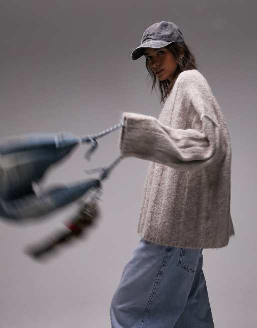 Topshop - Maglione ampio soffice color pietra a coste larghe con cuciture a vista
