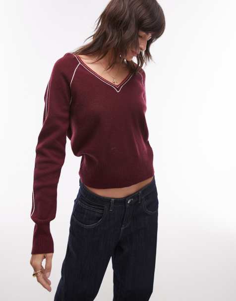 Topshop - Maglione bordeaux con scollo a V e profili a contrasto - view 1