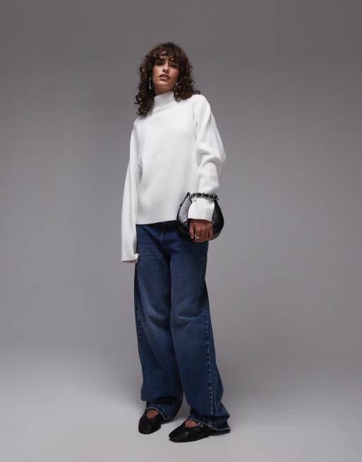 Topshop - Maglione color crema minimal a coste con scollo a imbuto