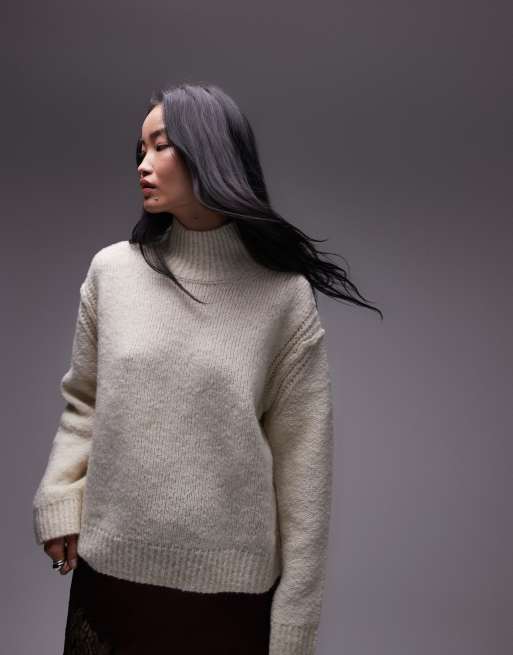 Topshop - Maglione comodo color avorio con collo a imbuto e cuciture