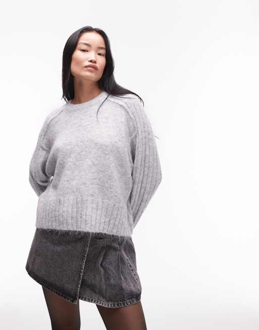 Topshop - Maglione comodo girocollo in maglia grigia con dettaglio a coste