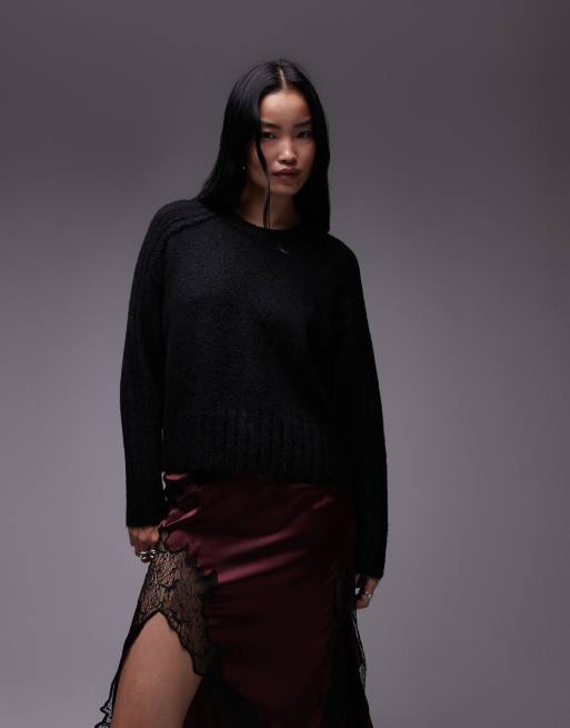 Topshop - Maglione comodo girocollo in maglia nero con dettaglio a coste