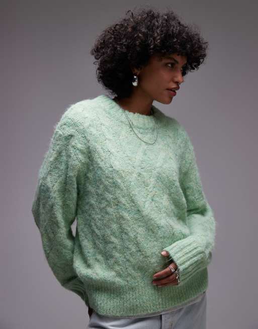 Topshop - Maglione comodo soffice verde chiaro girocollo lavorato a trecce