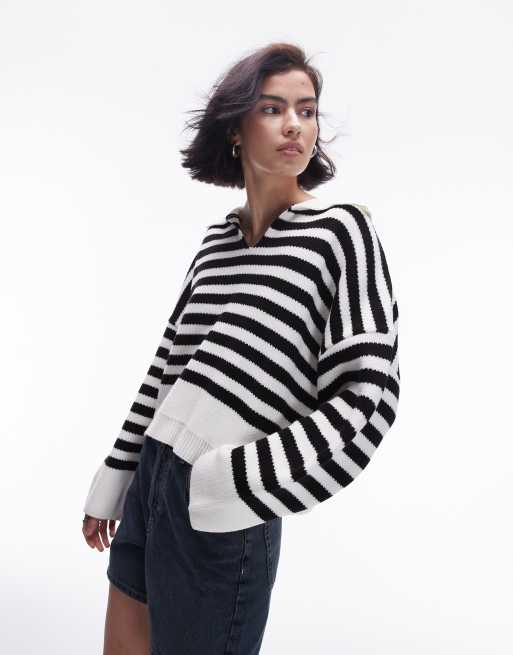 Topshop - Maglione con colletto a righe bianco e nero