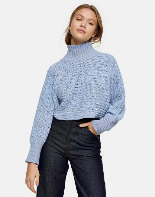 Topshop - Maglione corto di ciniglia con collo a imbuto blu