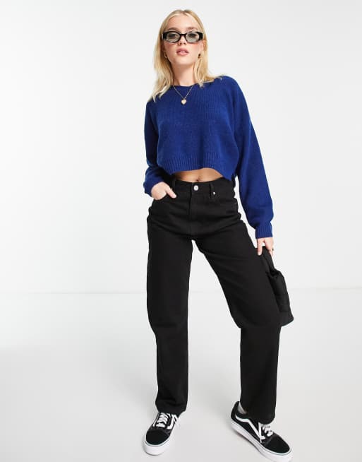 Topshop - Maglione corto lavorato con scollo a V blu