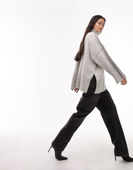 Topshop - Maglione dolcevita premium oversize grigio in pura lana di agnello