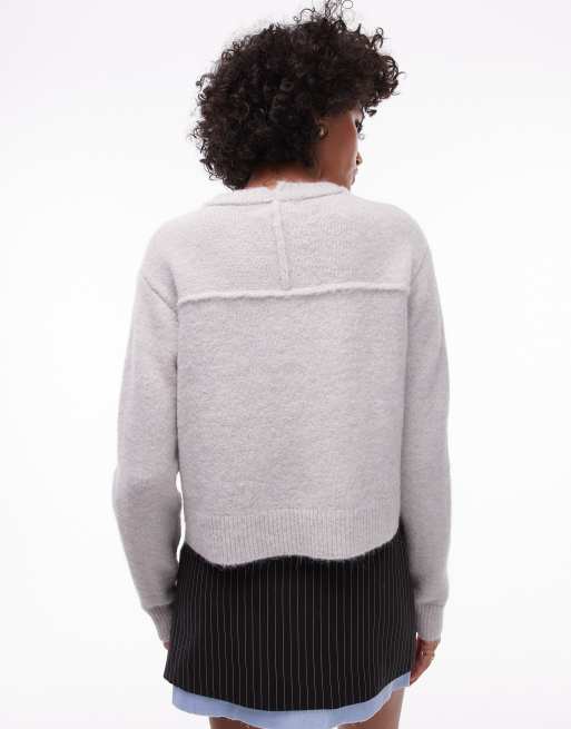 Topshop - Maglione girocollo grigio chiaro con maniche raglan e cuciture a vista, 2 di 4