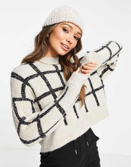 Topshop - Maglione in bouclé colore neutro a quadrettoni