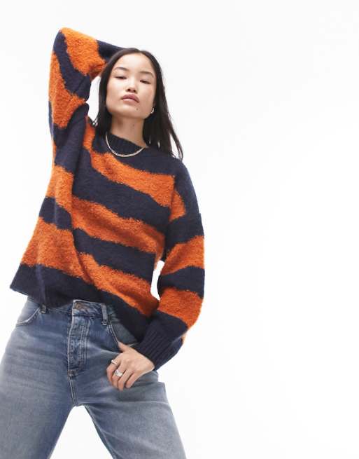 Topshop - Maglione in maglia bouclé a righe ruggine e blu, 4 di 4