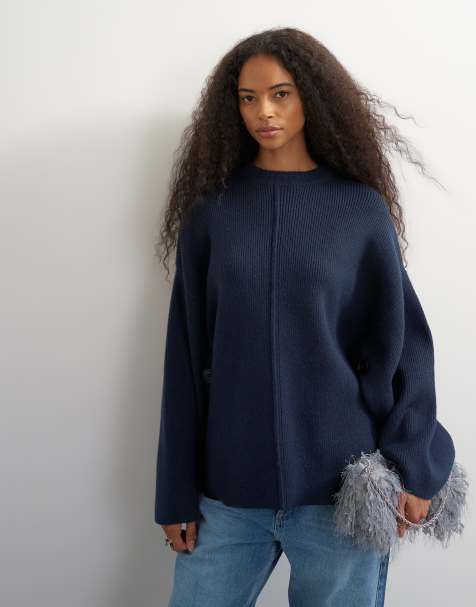 Topshop maglione in maglia squadrato con maniche ampie e dettaglio bottoni blu navy - view 1