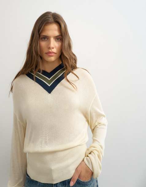 Topshop maglione lavorato a maglia a righe con scollo a V alto in ecru e blu - view 1