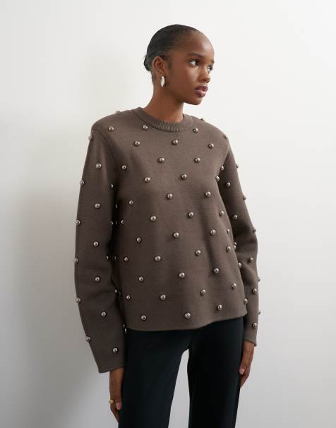 Topshop maglione lavorato a maglia con borchie metalliche e spalline imbottite marrone - view 1