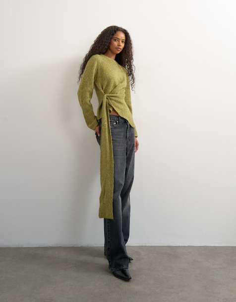 Topshop maglione lavorato a maglia con laccetti laterali in lana verde oliva - view 1