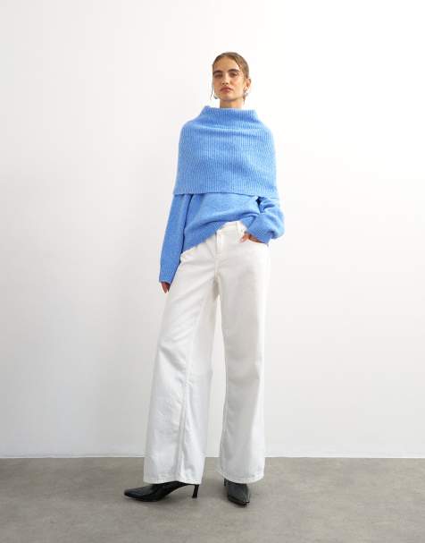 Topshop maglione lavorato a maglia con scollo Bardot e risvolto profondo blu - view 1