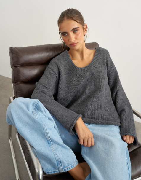 Topshop maglione lavorato a maglia con scollo rotondo in antracite - view 1