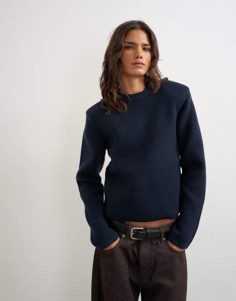 Topshop maglione lavorato a maglia con spalline imbottite blu navy - view 1