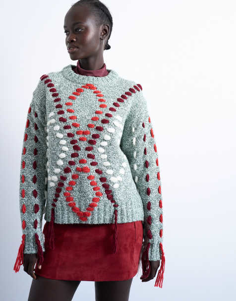 Topshop - Maglione lavorato a rombi verde con ricami - view 1