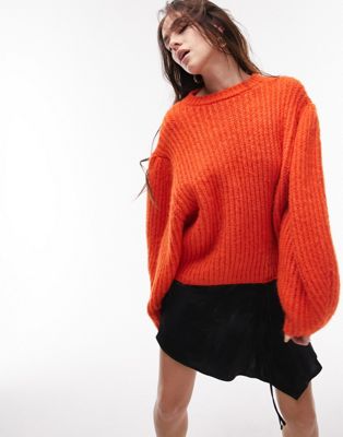Topshop knitted volume sleeve fluffy jumper in orange  - ASOS Price Checker