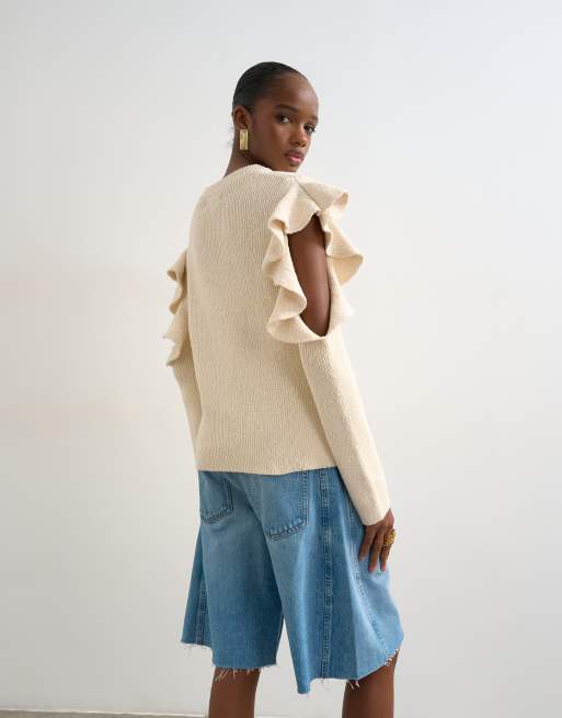 Topshop - Maglione lavorato avorio con maniche con volant, 4 di 4