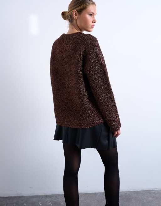 Topshop - Maglione lavorato oversize marrone lamé con maniche ampie, 3 di 4