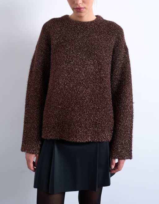 Topshop - Maglione lavorato oversize marrone lamé con maniche ampie, 4 di 4