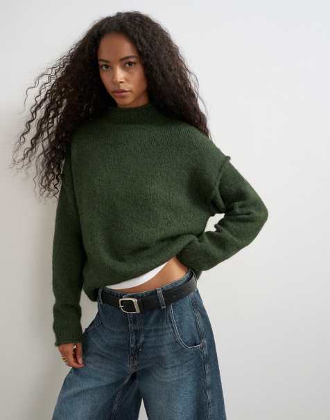 Topshop maglione lungo chunky in misto lana con bordo arrotolato color oliva - view 1