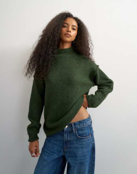 Topshop maglione lungo lavorato a maglia con bordo arrotolato e lavorazione grossa con lana in oliva - view 1