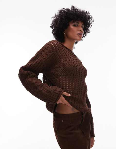 Topshop - Maglione marrone in maglia all'uncinetto con dettaglio floreale - view 1