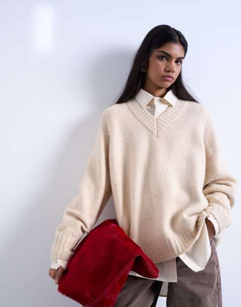 Topshop - Maglione minimal color avena con scollo a V - view 1