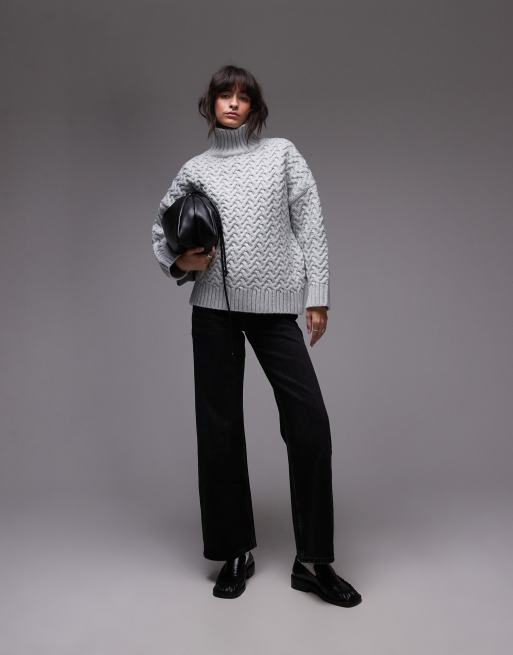 Topshop - Maglione oversize accollato intrecciato blu chiaro, 4 di 4
