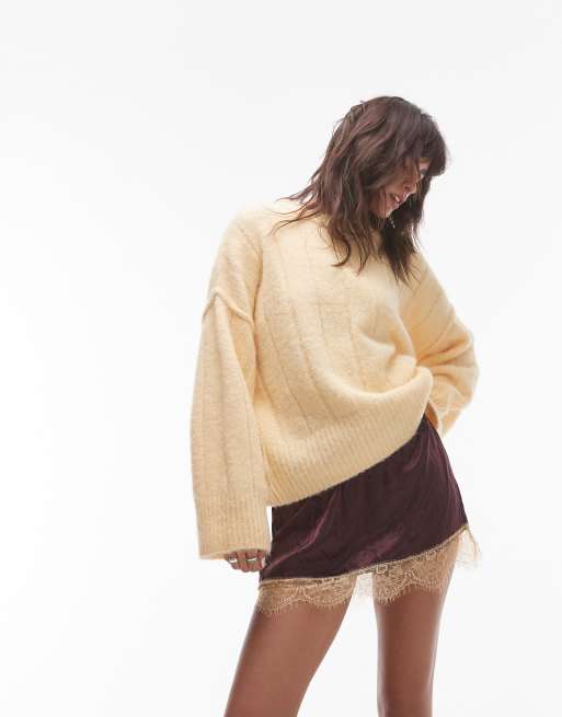 Topshop - Maglione oversize girocollo in maglia soffice a coste color latticello