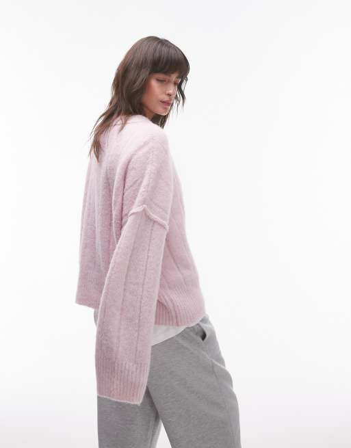 Topshop - Maglione oversize girocollo in maglia soffice a coste lilla, 4 di 4