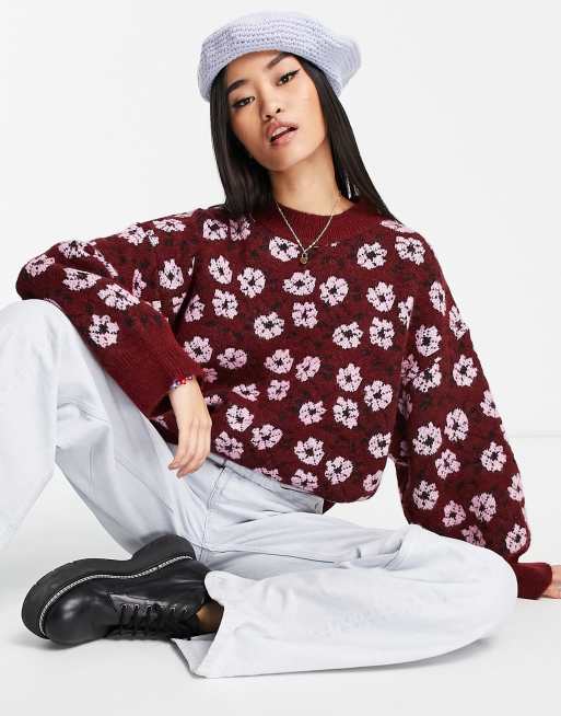 Topshop - Maglione oversize in maglia bordeaux a fiori