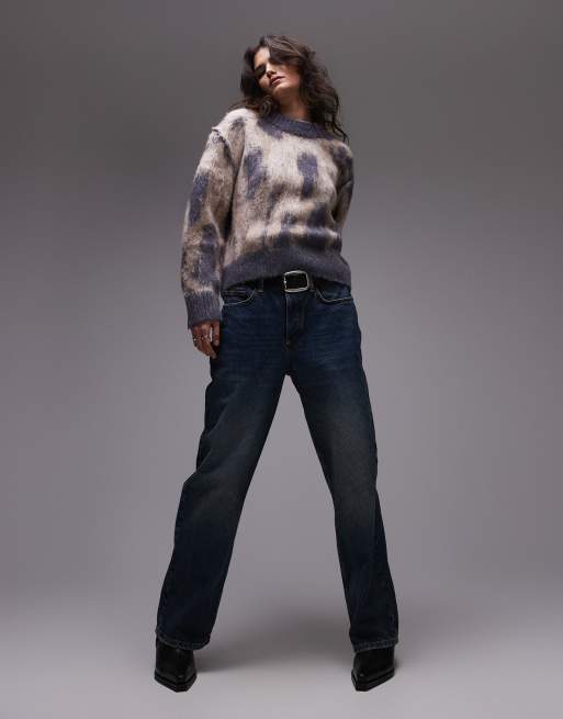 Topshop - Maglione oversize soffice blu, blu navy e rosa con stampa, 2 di 4