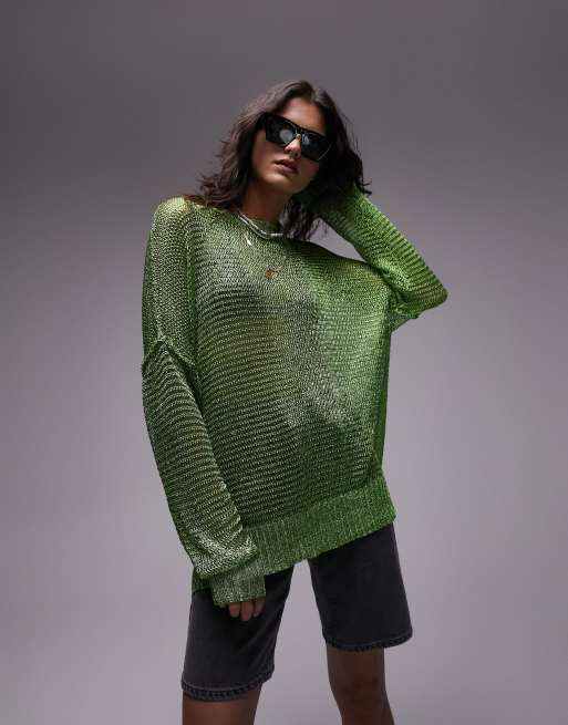 Topshop Maglione oversize traforato verde metallizzato