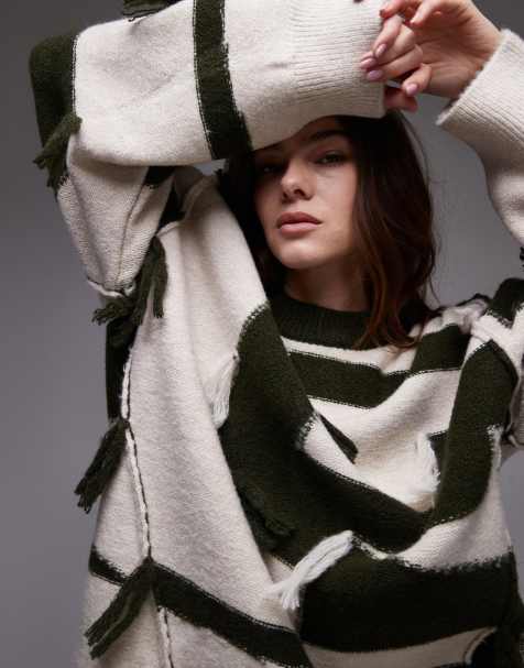 Topshop - Maglione oversize verde ed écru con motivo patchwork e nappe - view 1