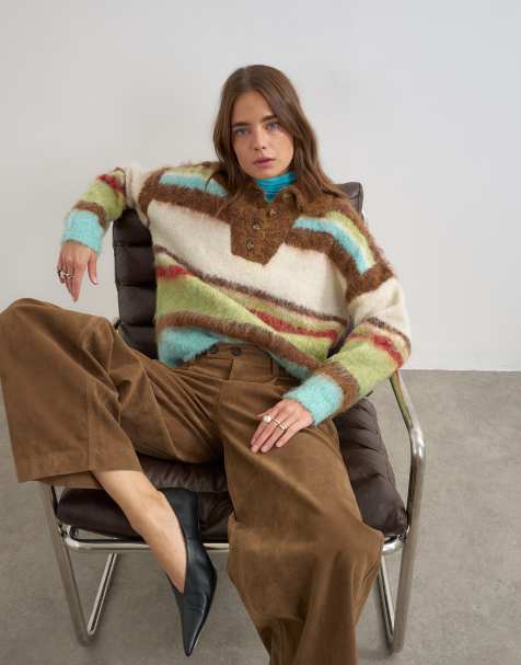 Topshop maglione polo a righe pelose marrone multicolore - view 1