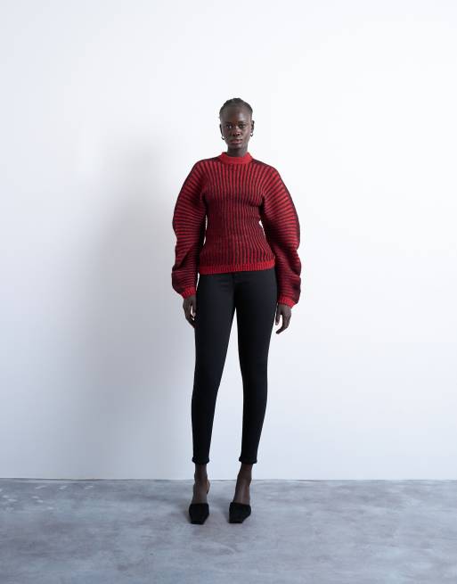 Topshop - Maglione rosso a coste stile pieghe con maniche cocoon, 2 di 4
