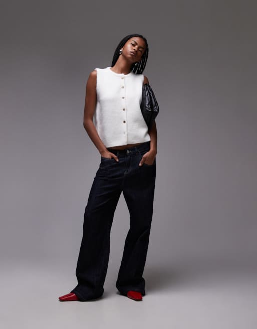 Topshop Maglione senza maniche color avorio con bottoni oro ASOS