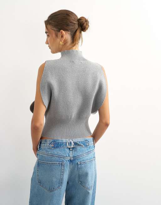 Topshop maglione senza maniche lavorato a maglia con collo a imbuto sagomato grigio, 4 di 4