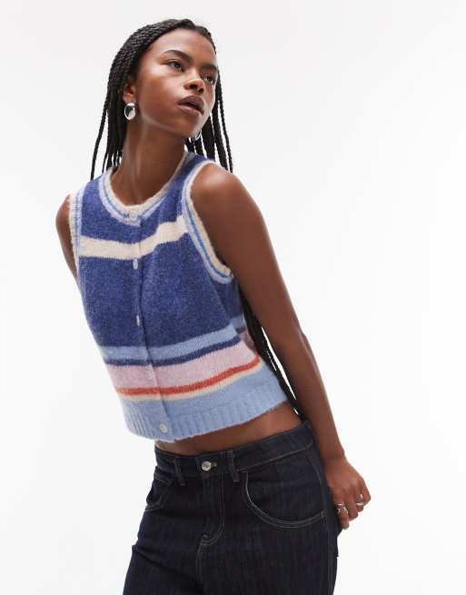 Topshop - Maglione senza maniche multicolore a righe con bottoni