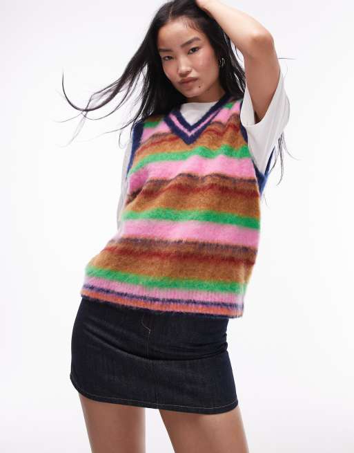 Topshop - Maglione senza maniche multicolore super soffice con scollo a V