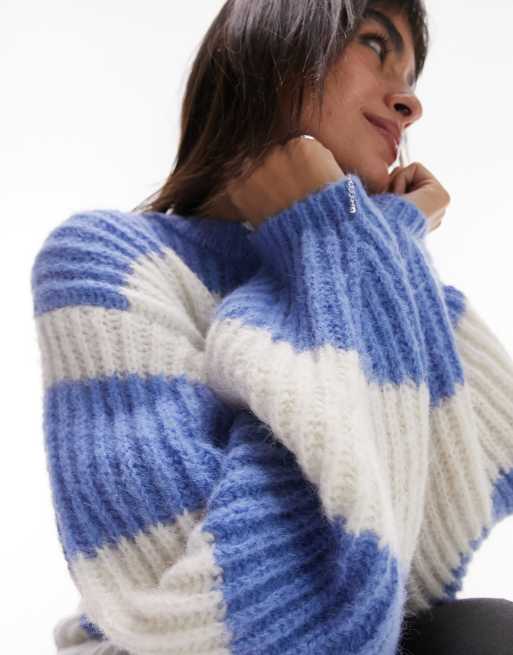 Topshop - Maglione soffice a righe blu e bianche con maniche voluminose, 2 di 4