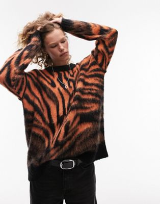 Topshop knitted zebra print fluffy jumper in orange - ASOS Price Checker