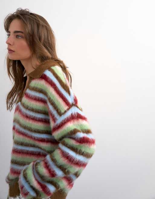 Topshop - Maglione stile polo in maglia soffice a righe multicolore, 2 di 4