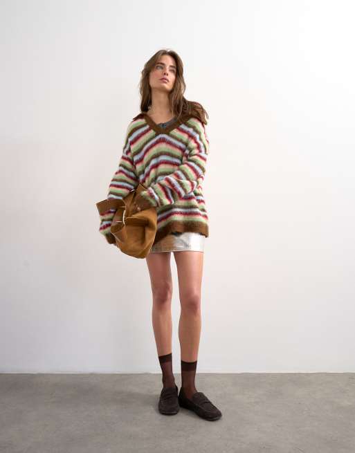 Topshop - Maglione stile polo in maglia soffice a righe multicolore, 4 di 4