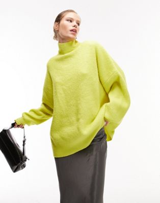 Topshop knitted funnel neck long line jumper in lime - ASOS Price Checker