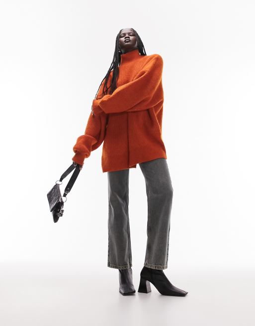Topshop - Maglione taglio lungo con collo alto in maglia color ruggine
