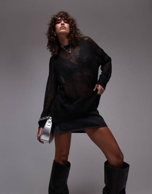 Topshop - Maglione taglio lungo nero trasparente